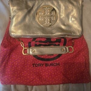 Tory Burch Metallic Gold Shoulder Bag with Logo Emblem